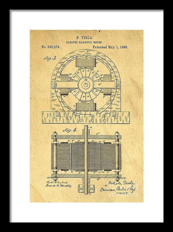 Note: The watermark in the lower right does not appear in the final print. TESLA Electric Motor 1888 Patent Art - Chalkboard style.