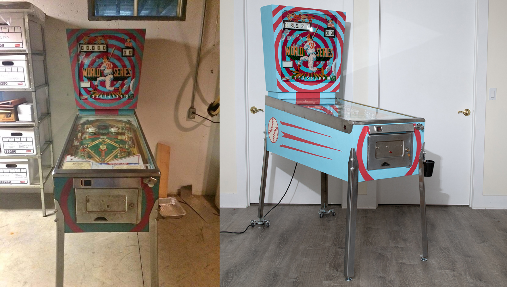 Before and After pinball restoration project